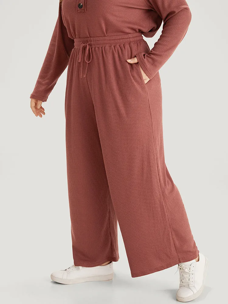 Plain Waffle Knit Drawstring Elastic Waist Woven Pants sold by Bloomchic product image thumbnail 3
