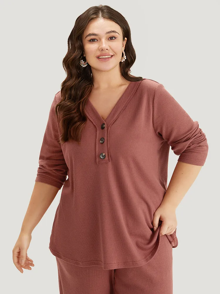 Solid Waffle Knit V Neck Button Up Woven Top sold by Bloomchic product image thumbnail 4