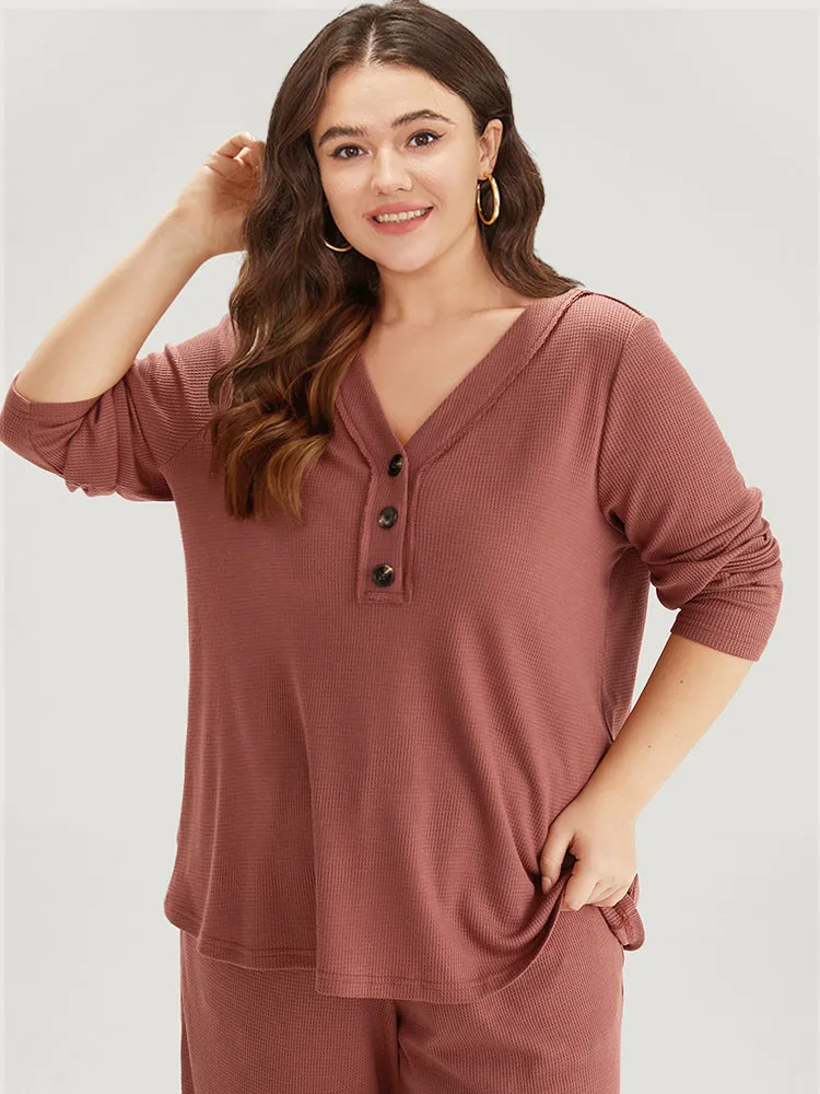 Solid Waffle Knit V Neck Button Up Woven Top sold by Bloomchic product image thumbnail 5