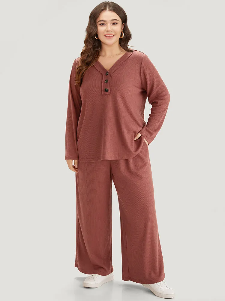 Solid Waffle Knit V Neck Button Up Woven Top sold by Bloomchic product image thumbnail 2