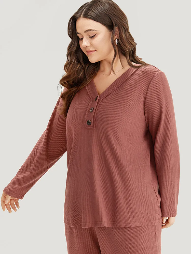 Solid Waffle Knit V Neck Button Up Woven Top sold by Bloomchic product image thumbnail 3