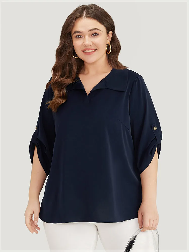 Plain Shirt Collar Roll Tab Sleeve Blouse sold by Bloomchic