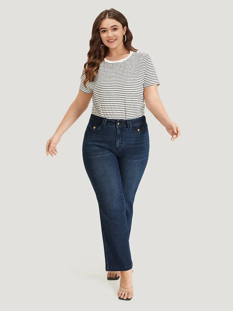 Plain Button Detail High Rise Dark Wash Jeans sold by Bloomchic