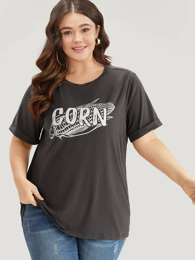 Corn Print Round Neck Roll Sleeve T-shirt sold by Bloomchic