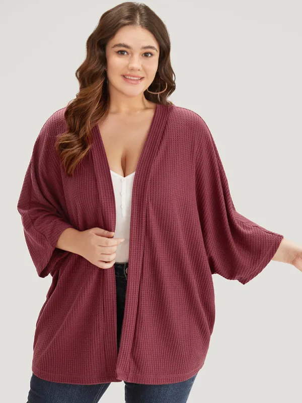 Solid Waffle Knit Open Front Batwing Sleeve Kimono sold by Bloomchic