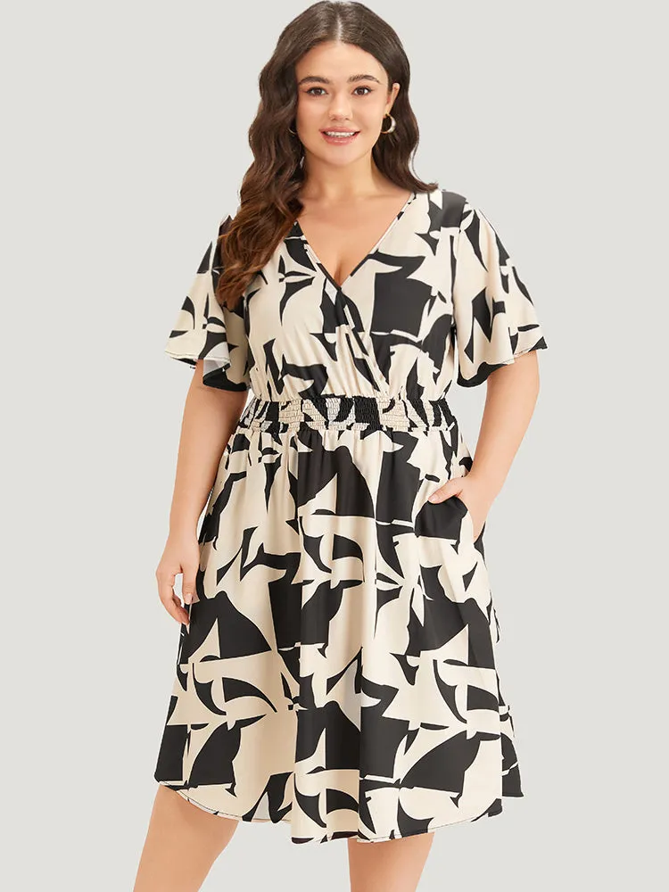 Geometric Print Pocket Surplice Neck Shirred Dress sold by Bloomchic product image thumbnail 4