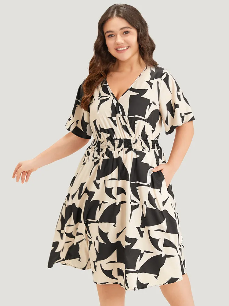 Geometric Print Pocket Surplice Neck Shirred Dress sold by Bloomchic product image thumbnail 5