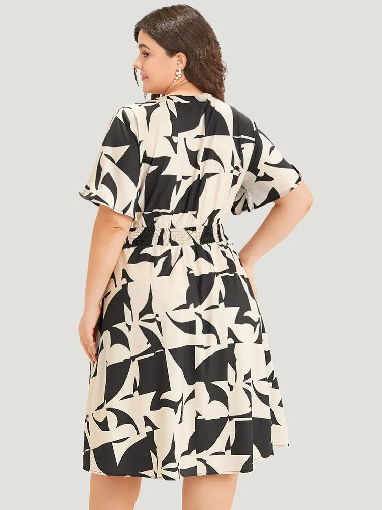 Geometric Print Pocket Surplice Neck Shirred Dress sold by Bloomchic product image thumbnail 3