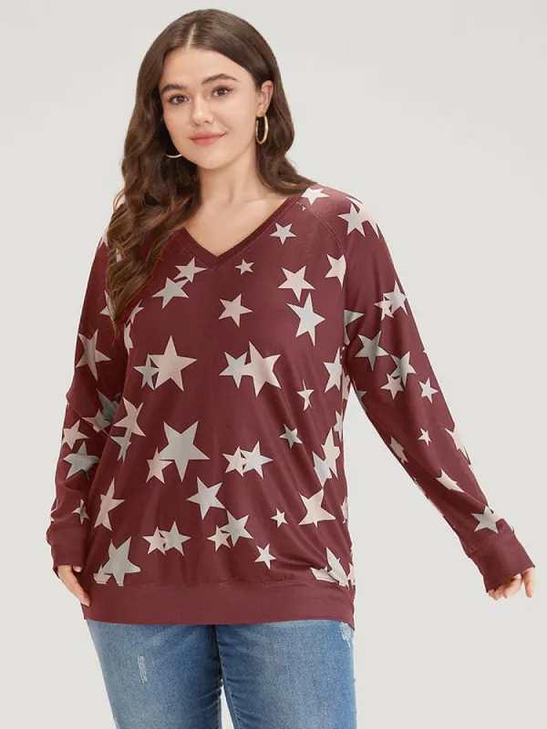 Star Print V Neck Raglan Sleeve Sweatshirt sold by Bloomchic