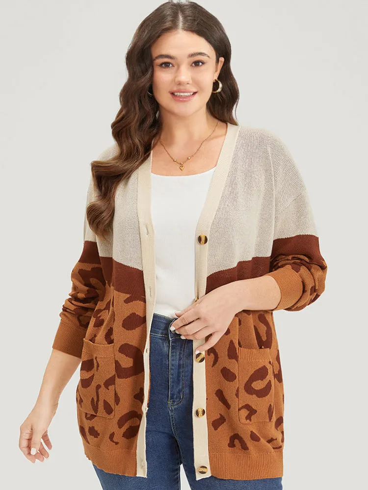 Leopard Print Contrast Button Down Patched Pocket Cardigan sold by Bloomchic
