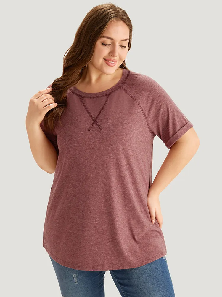 Plain Crew Neck Stitch Roll Sleeve T-shirt sold by Bloomchic