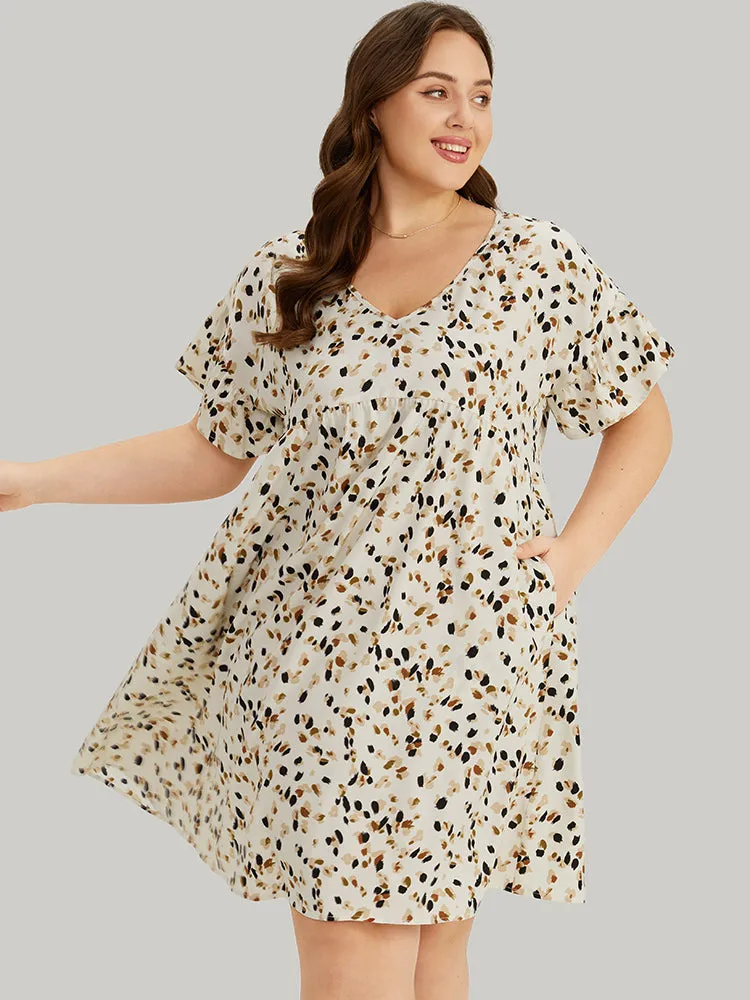 Allover Print Pocket V Neck Ruffle Sleeve Dress sold by Bloomchic