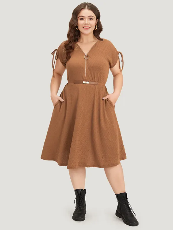 Solid O Ring Zipper Pocket Drawstring Dolman Sleeve Dress sold by Bloomchic