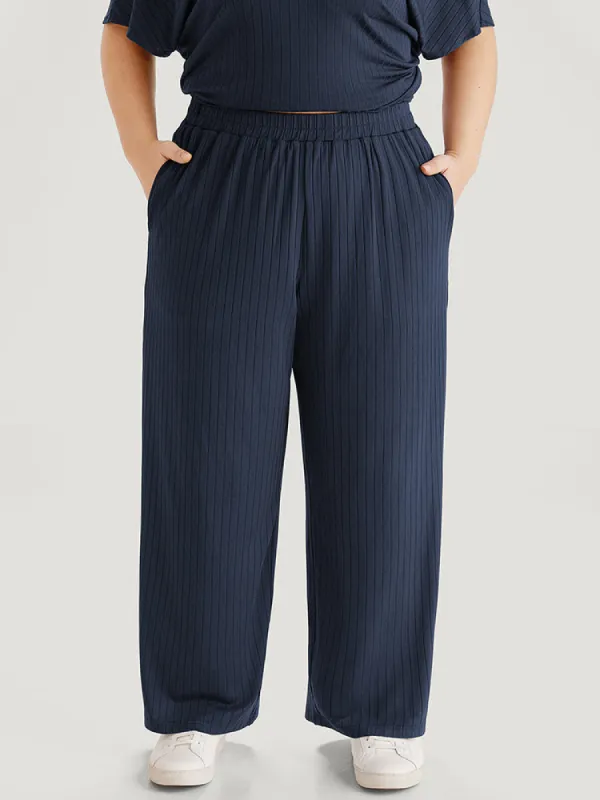 Plain Rib Knit Pocket Elastic Waist Pants sold by Bloomchic