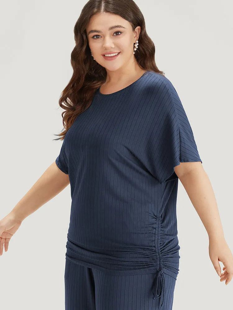 Plain Rib Knit Drawstring Batwing Sleeve T-shirt sold by Bloomchic product image thumbnail 3