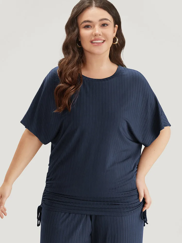 Plain Rib Knit Drawstring Batwing Sleeve T-shirt sold by Bloomchic product image thumbnail 4