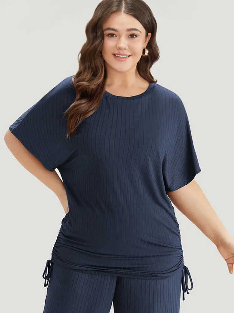 Plain Rib Knit Drawstring Batwing Sleeve T-shirt sold by Bloomchic