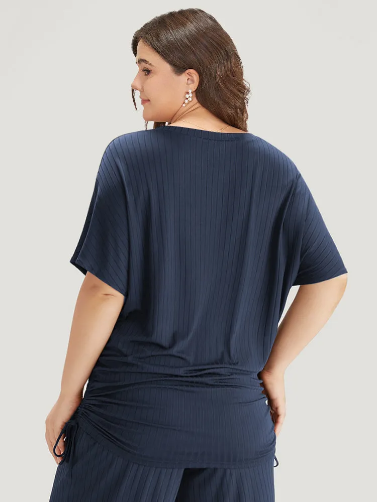 Plain Rib Knit Drawstring Batwing Sleeve T-shirt sold by Bloomchic product image thumbnail 5