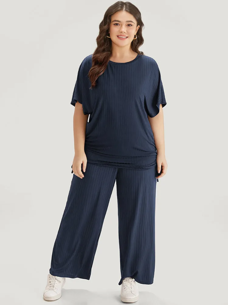 Plain Rib Knit Drawstring Batwing Sleeve T-shirt sold by Bloomchic product image thumbnail 2