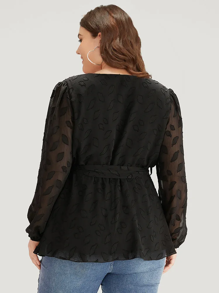Crochet Mesh Belted Gathered Wrap Lantern Sleeve Blouse sold by Bloomchic product image thumbnail 5