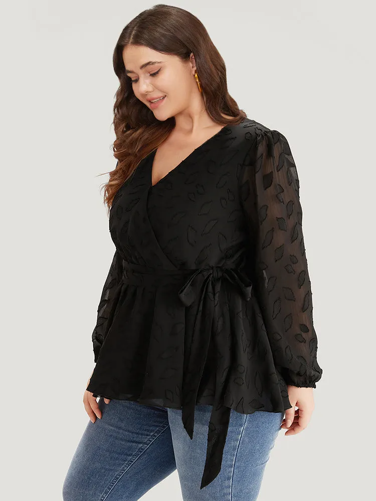 Crochet Mesh Belted Gathered Wrap Lantern Sleeve Blouse sold by Bloomchic product image thumbnail 2