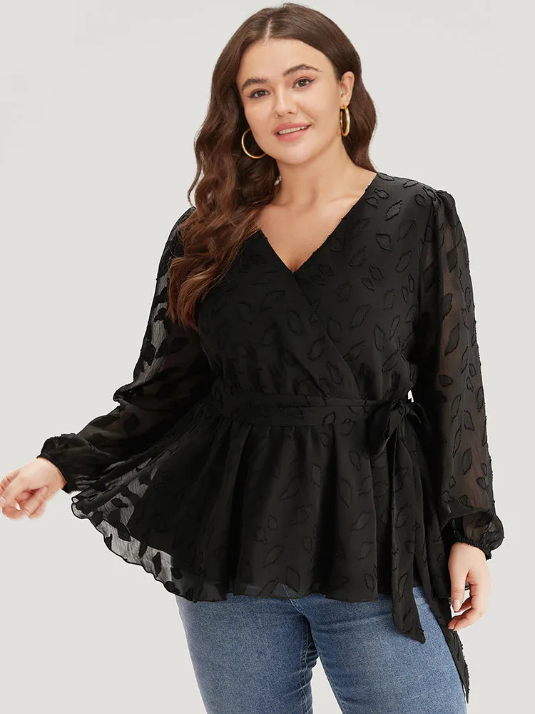 Crochet Mesh Belted Gathered Wrap Lantern Sleeve Blouse sold by Bloomchic