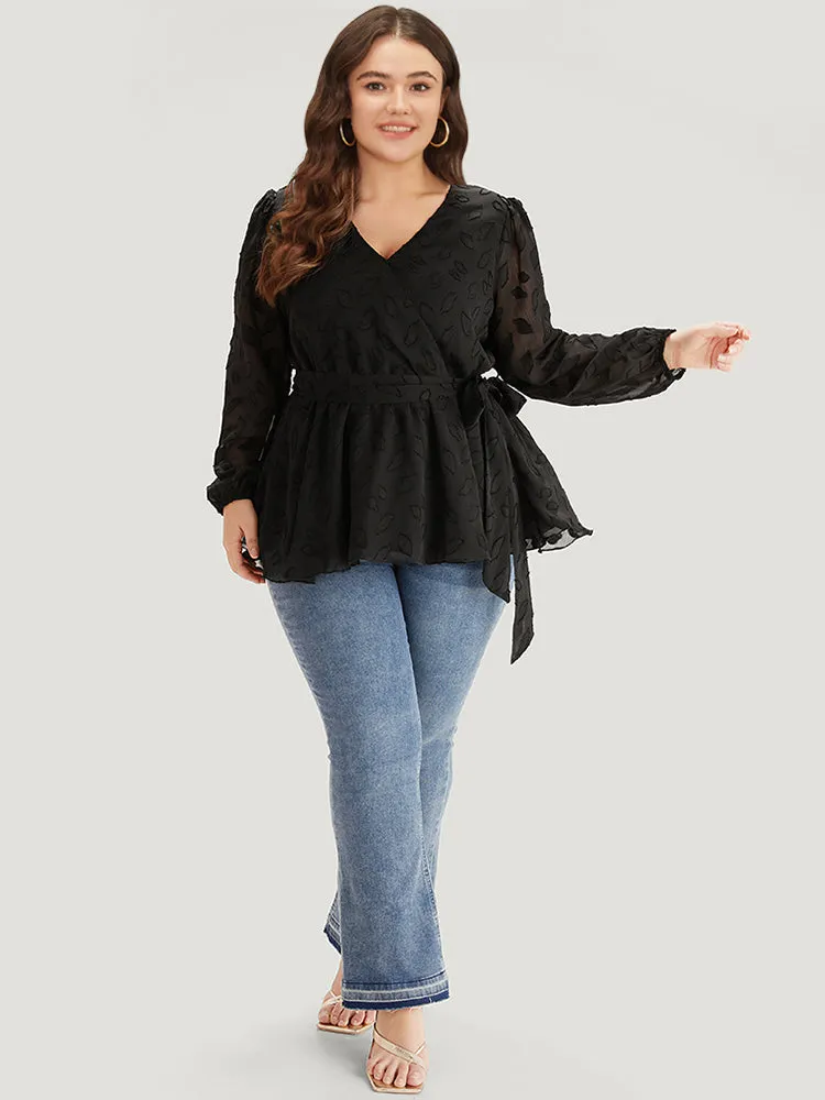 Crochet Mesh Belted Gathered Wrap Lantern Sleeve Blouse sold by Bloomchic product image thumbnail 4
