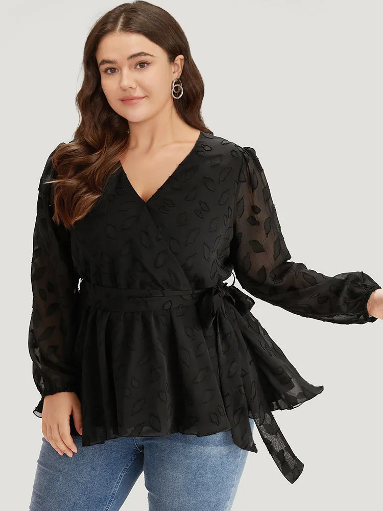 Crochet Mesh Belted Gathered Wrap Lantern Sleeve Blouse sold by Bloomchic product image thumbnail 3