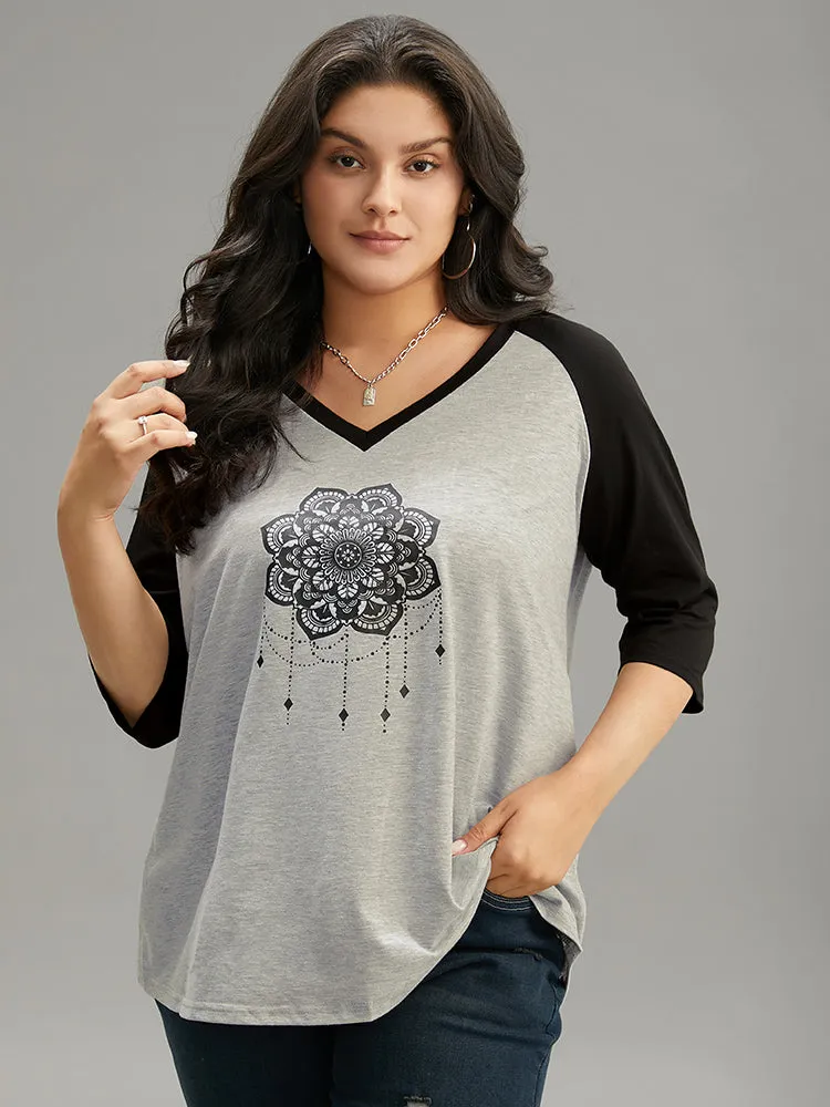 Boho Print Contrast V Neck Raglan Sleeve T-shirt sold by Bloomchic