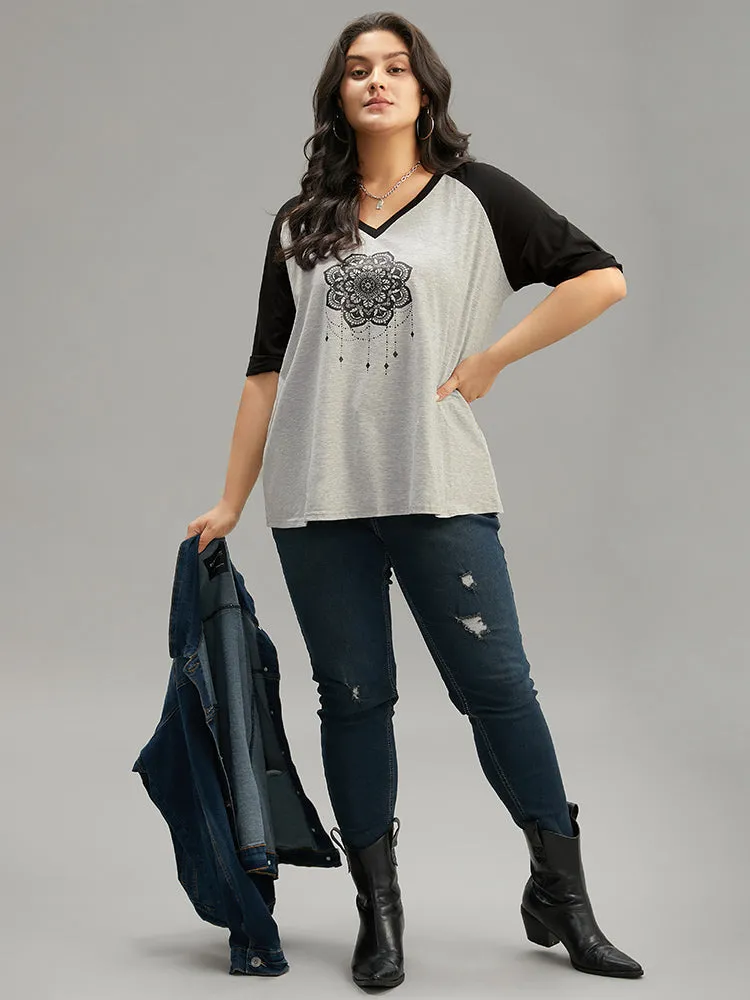 Boho Print Contrast V Neck Raglan Sleeve T-shirt sold by Bloomchic product image thumbnail 5