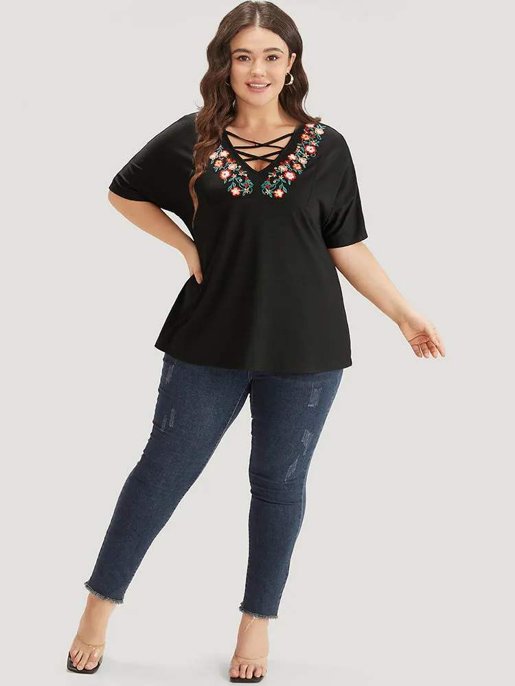 Floral Embroidered Crisscross Batwing Sleeve T-shirt sold by Bloomchic product image thumbnail 4