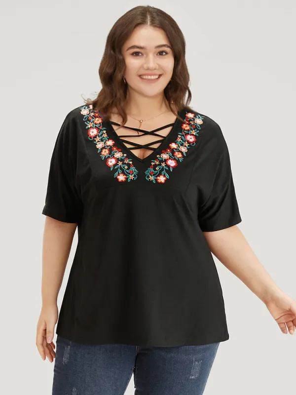 Floral Embroidered Crisscross Batwing Sleeve T-shirt sold by Bloomchic