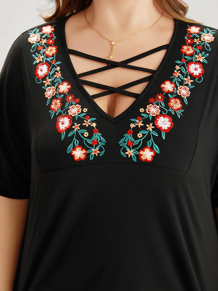 Floral Embroidered Crisscross Batwing Sleeve T-shirt sold by Bloomchic product image thumbnail 5
