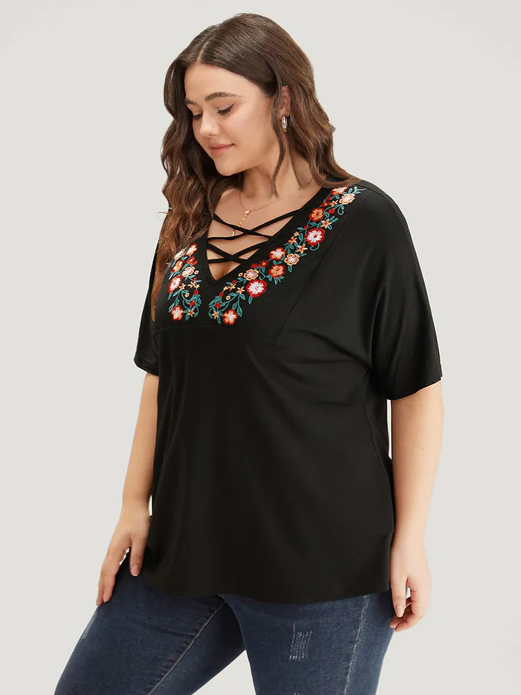 Floral Embroidered Crisscross Batwing Sleeve T-shirt sold by Bloomchic product image thumbnail 3