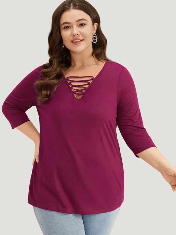 Solid Crisscross Three Quater Length Sleeve Deep V Neck T-shirt sold by Bloomchic