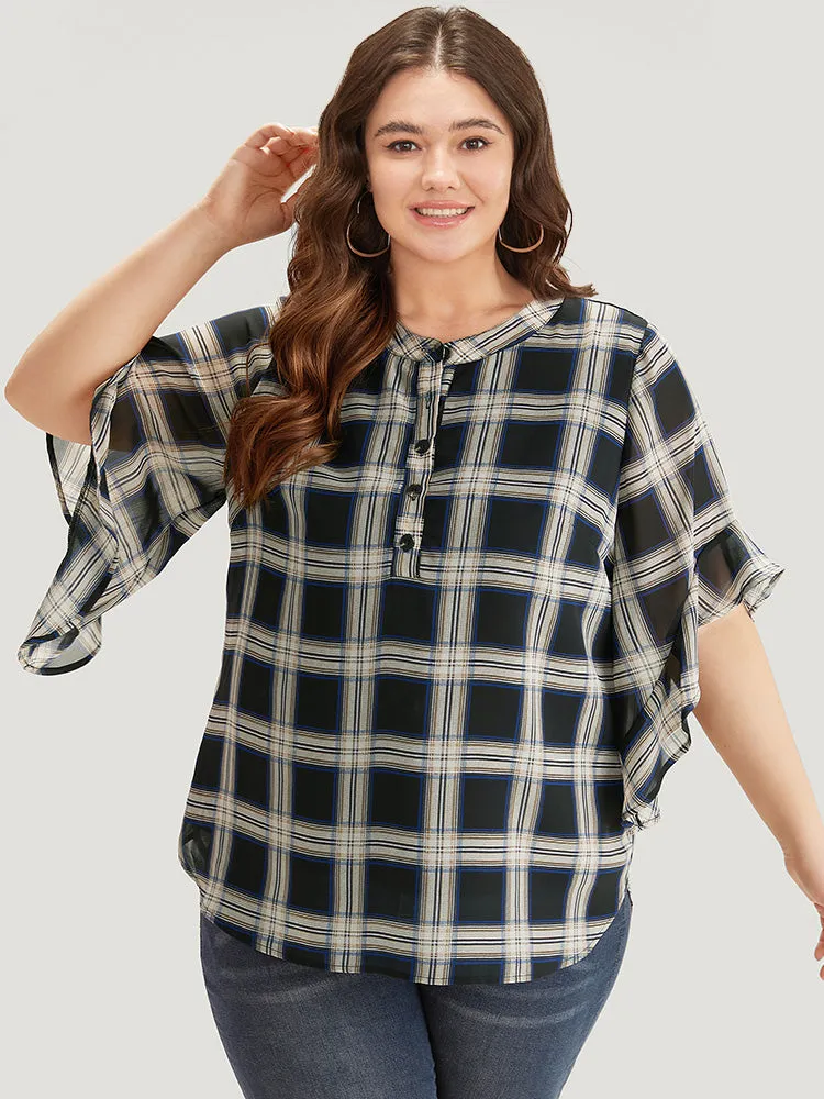 Plaid Button Up Ruffles Bell Sleeve Blouse sold by Bloomchic product image thumbnail 3