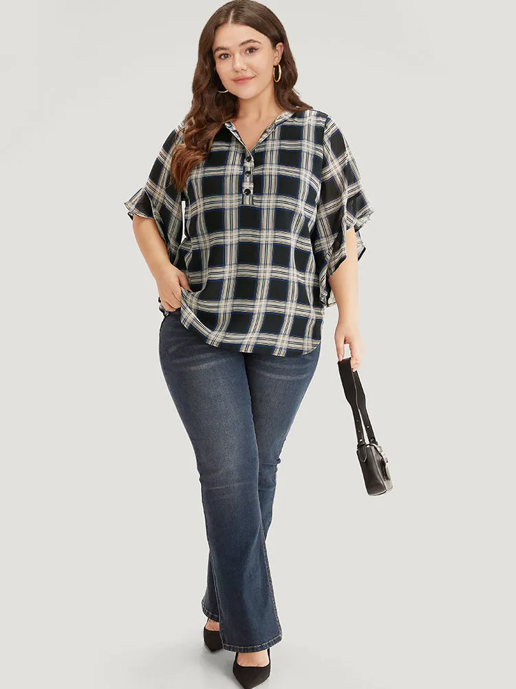 Plaid Button Up Ruffles Bell Sleeve Blouse sold by Bloomchic product image thumbnail 4