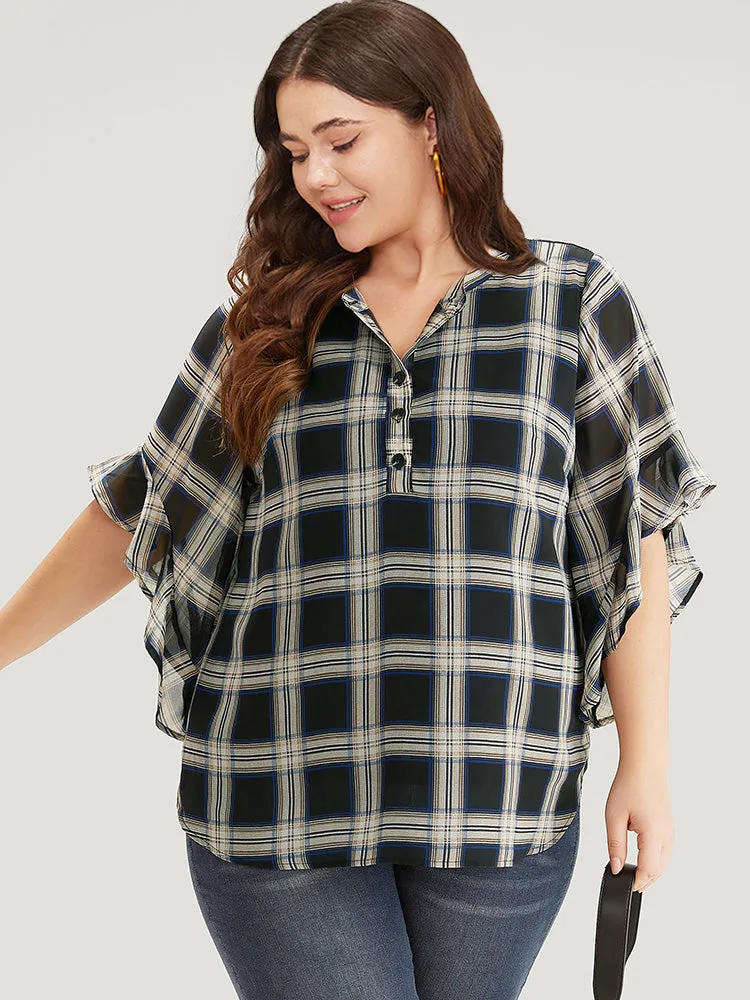 Plaid Button Up Ruffles Bell Sleeve Blouse sold by Bloomchic