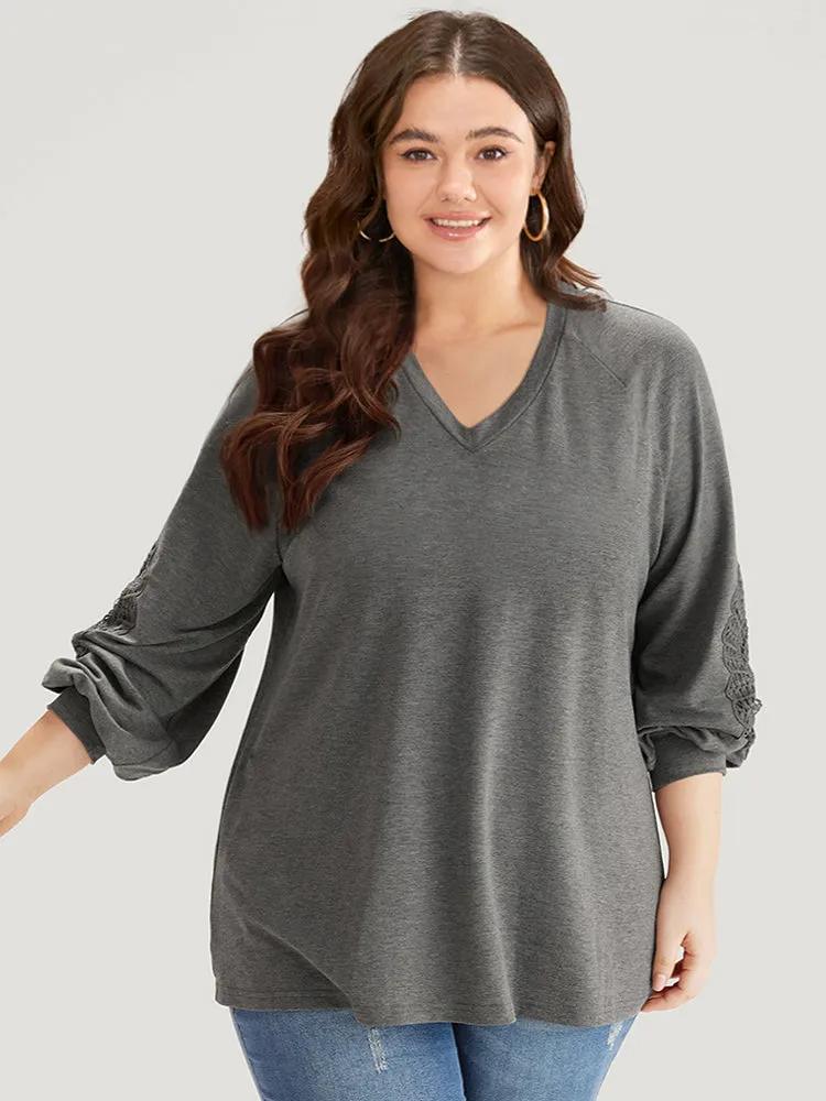 Plain Guipure Lace V Neck Raglan Sleeve Sweatshirt sold by Bloomchic product image thumbnail 2