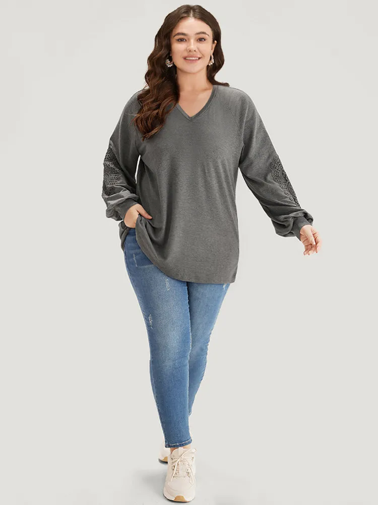 Plain Guipure Lace V Neck Raglan Sleeve Sweatshirt sold by Bloomchic product image thumbnail 5