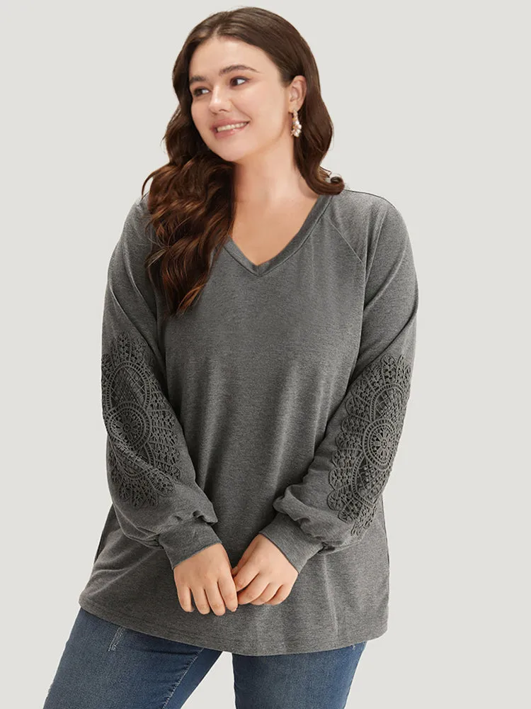 Plain Guipure Lace V Neck Raglan Sleeve Sweatshirt sold by Bloomchic