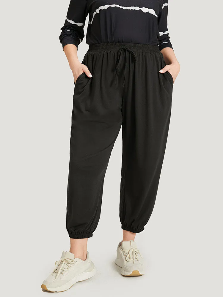 Plain Pocket Elastic Waist Ties Carrot Pants sold by Bloomchic