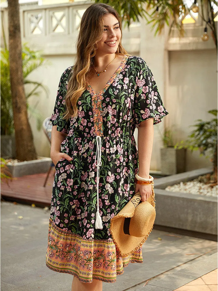 Floral Print Pocket Tassels Ties Patchwork Dress sold by Bloomchic product image thumbnail 2