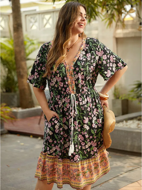 Floral Print Pocket Tassels Ties Patchwork Dress sold by Bloomchic