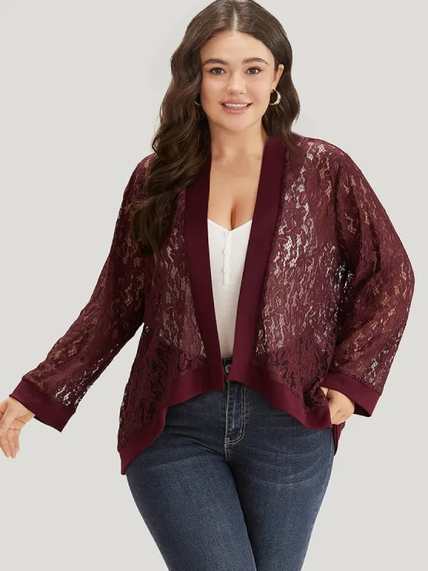 Supersoft Essentials Crochet Lace Mesh Open Front Asymmetrical Hem Kimono sold by Bloomchic