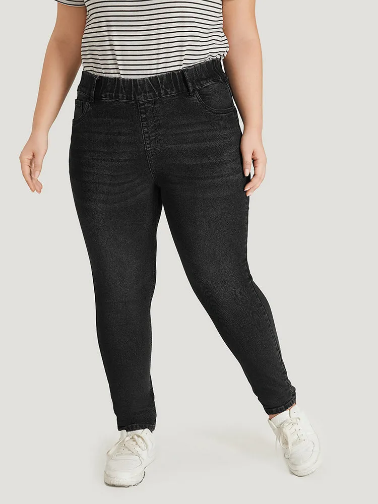 Plain Elastic Waist Medium Wash Roll Hem Jeans sold by Bloomchic product image thumbnail 2