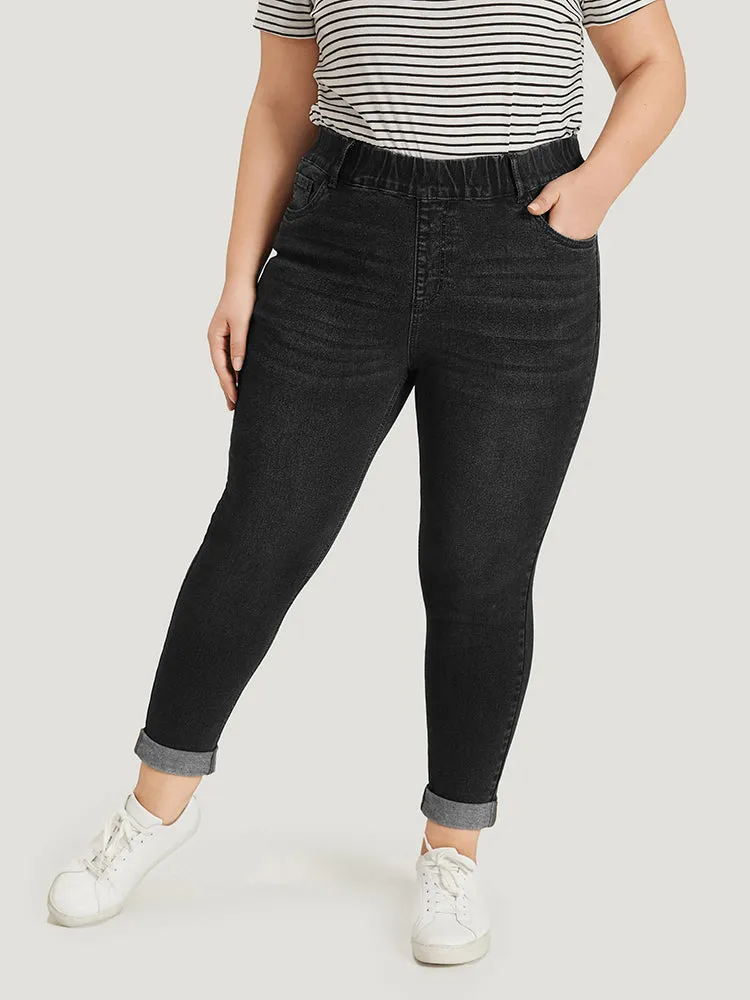 Plain Elastic Waist Medium Wash Roll Hem Jeans sold by Bloomchic