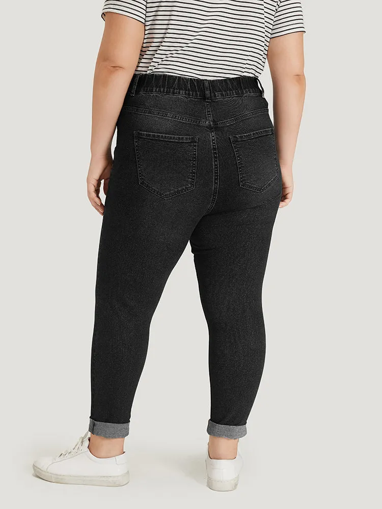 Plain Elastic Waist Medium Wash Roll Hem Jeans sold by Bloomchic product image thumbnail 5