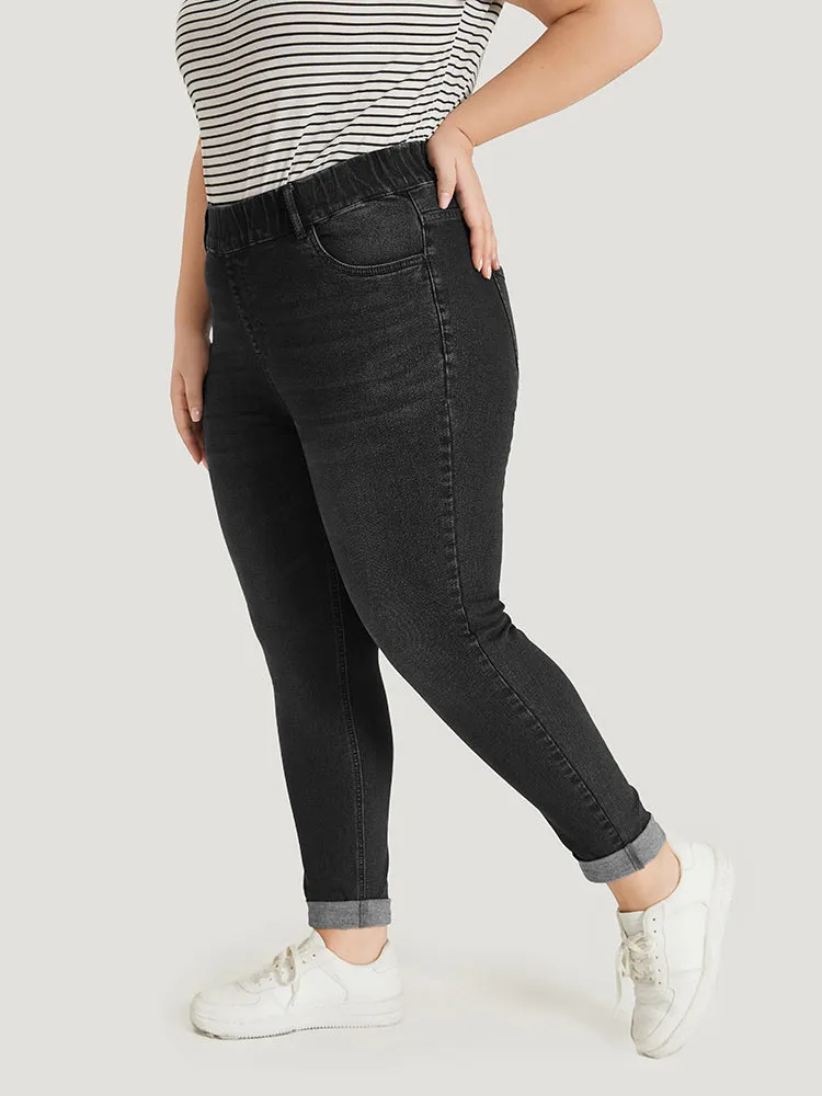 Plain Elastic Waist Medium Wash Roll Hem Jeans sold by Bloomchic product image thumbnail 4