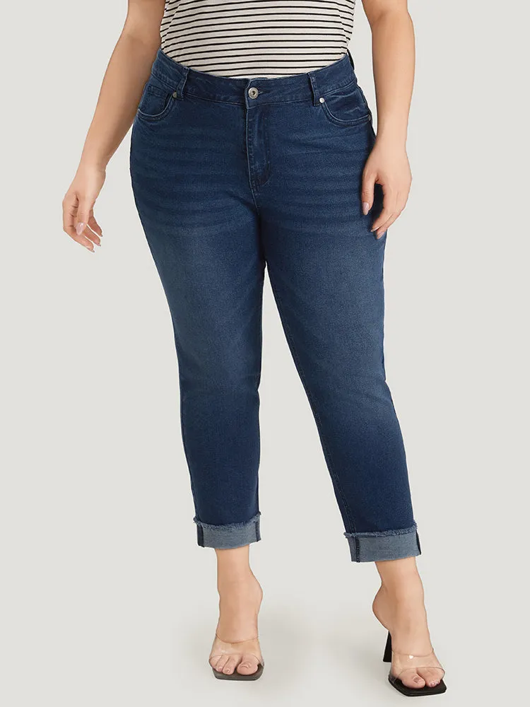 Solid Frayed Roll Hem High Rise Jeans sold by Bloomchic